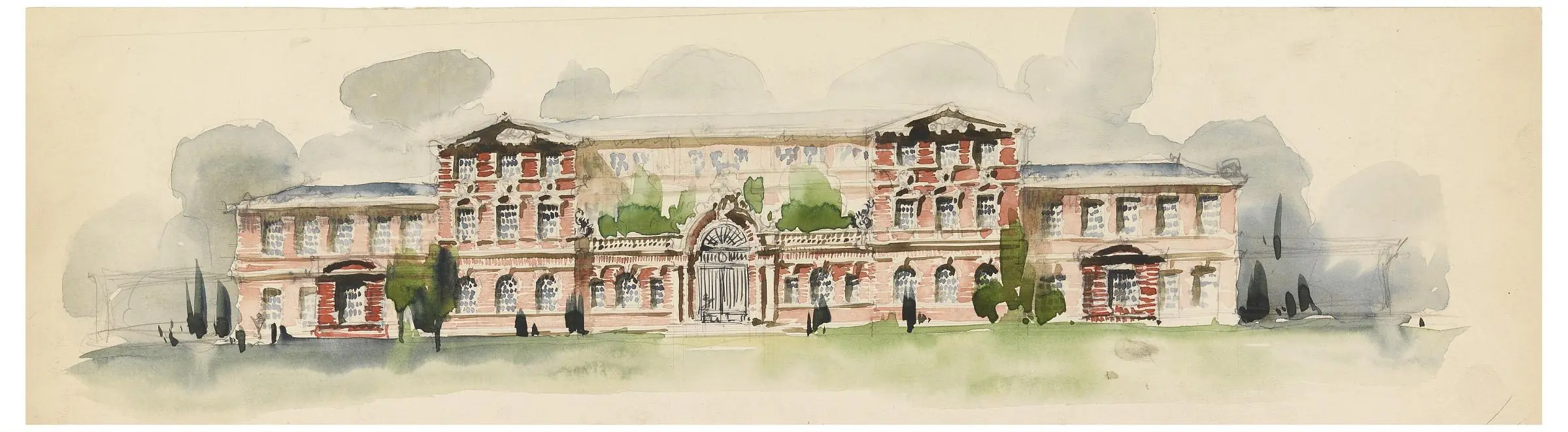 Historic architectural drawing of a school building, used as an editorial illustration